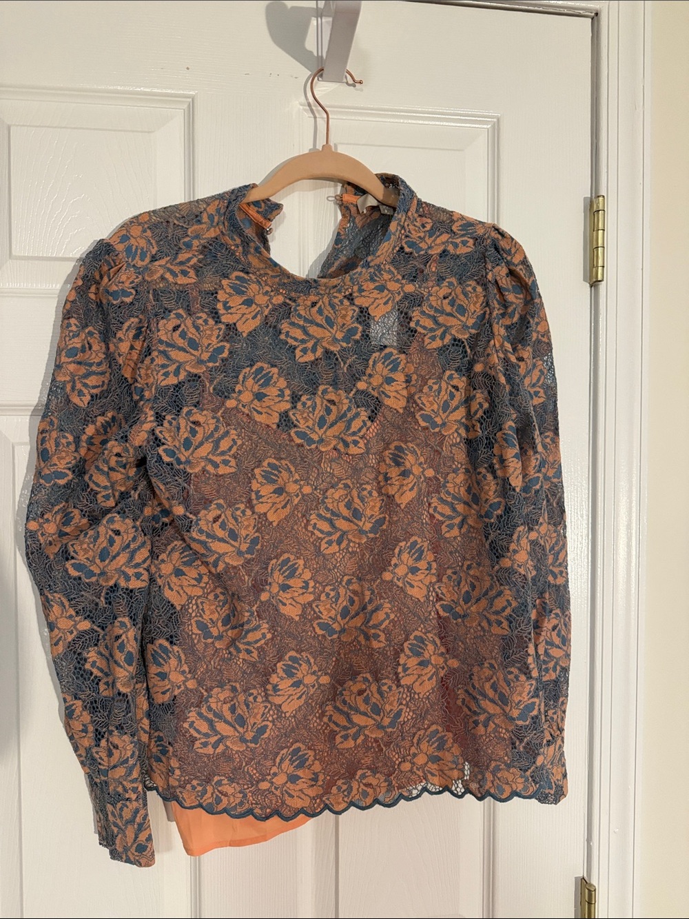 Women's Lace Overlay Blouse in Blue and Orange
